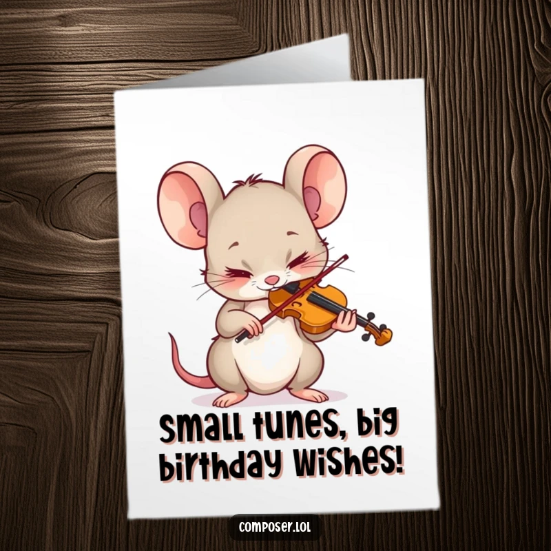 Funny Free Printable Birthday Card: Tiny mouse with intense concentration plays a tiny violin, celebrating a birthday.
