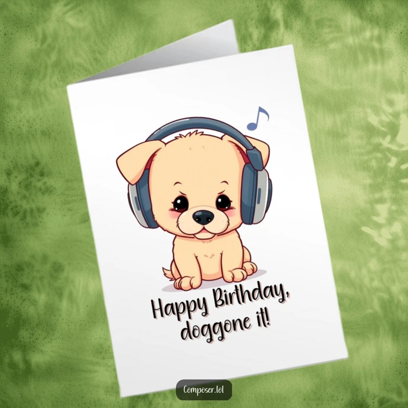 Funny Free Printable Birthday Card: A curious puppy in headphones bops its head, enjoying unheard music, joyfully celebrating.
