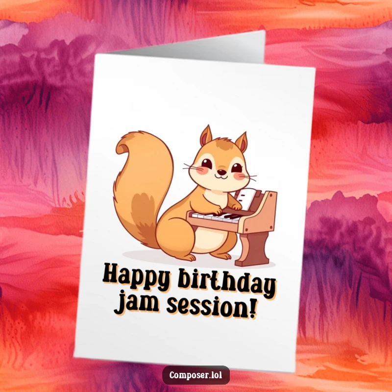 Funny Free Printable Birthday Card: A happy squirrel plays a tiny piano with its nimble paws for a birthday.