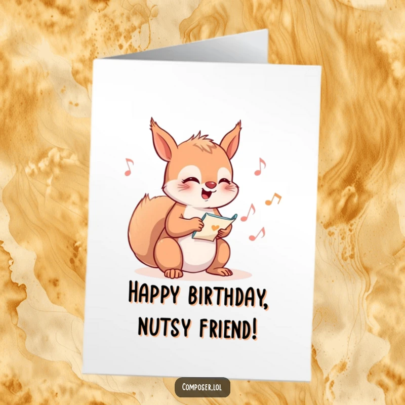 Funny Free Printable Birthday Card: A giggling squirrel happily humming a tune while writing musical notes on staff paper.