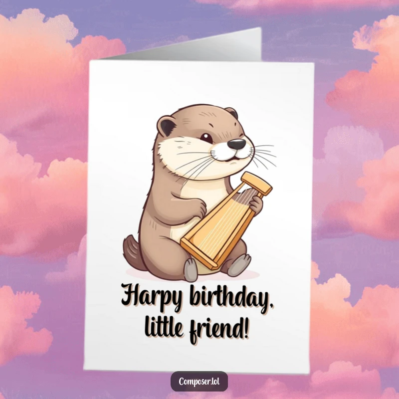 Funny Free Printable Birthday Card: Determined otter plays a tiny harp with delicate finesse, celebrating a birthday.