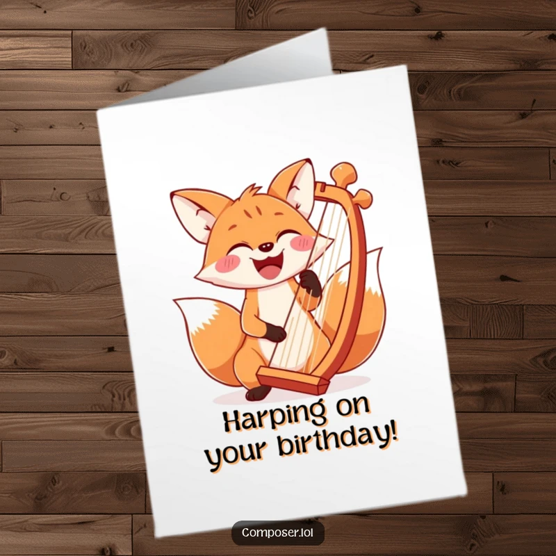 Funny Free Printable Birthday Card: A joyful fox with a wide smile, enthusiastically playing a large harp, spreading birthday cheer.