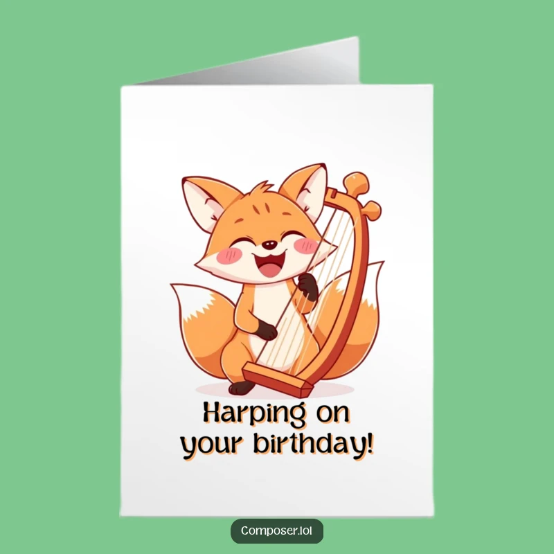 Free Printable Birthday Card: Joyful Fox Harpist, Perfect Downloadable Gift