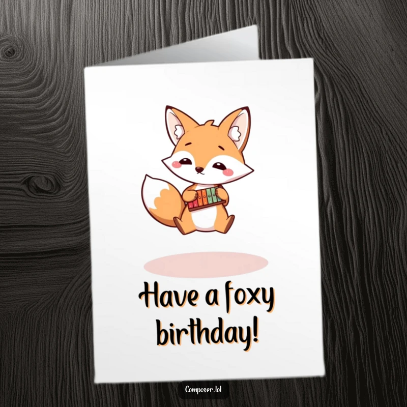 Funny Free Printable Birthday Card: Bouncy fox character leaps while playing a tiny xylophone, celebrating with energy.