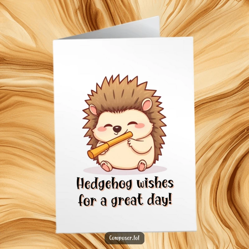 Funny Free Printable Birthday Card: Giggling hedgehog happily blows into a miniature flute, celebrating with delight.