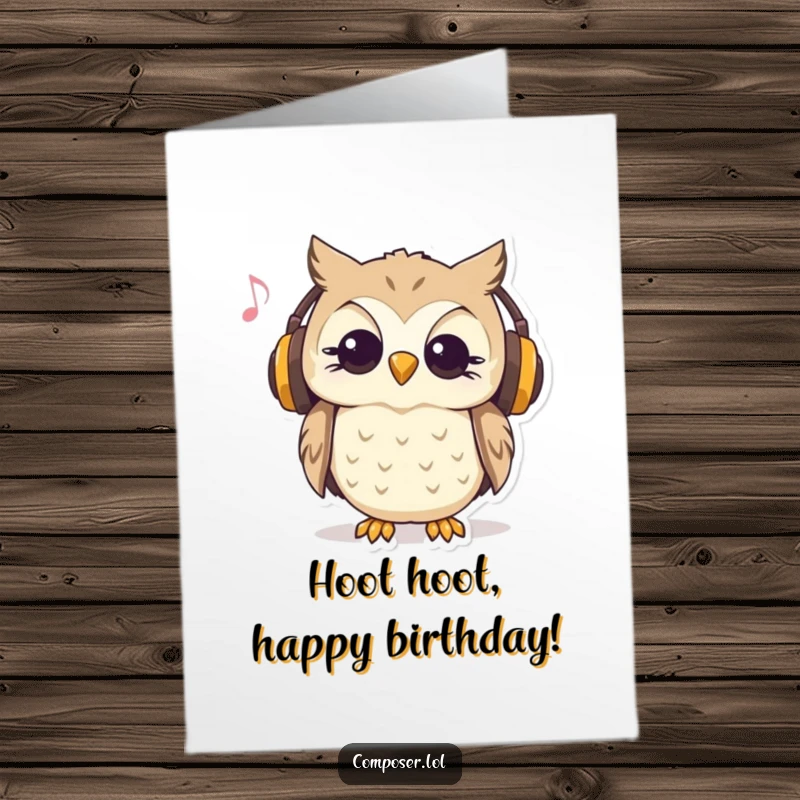 Funny Free Printable Birthday Card: Curious owl in headphones nods to music, wishing happy birthday.
