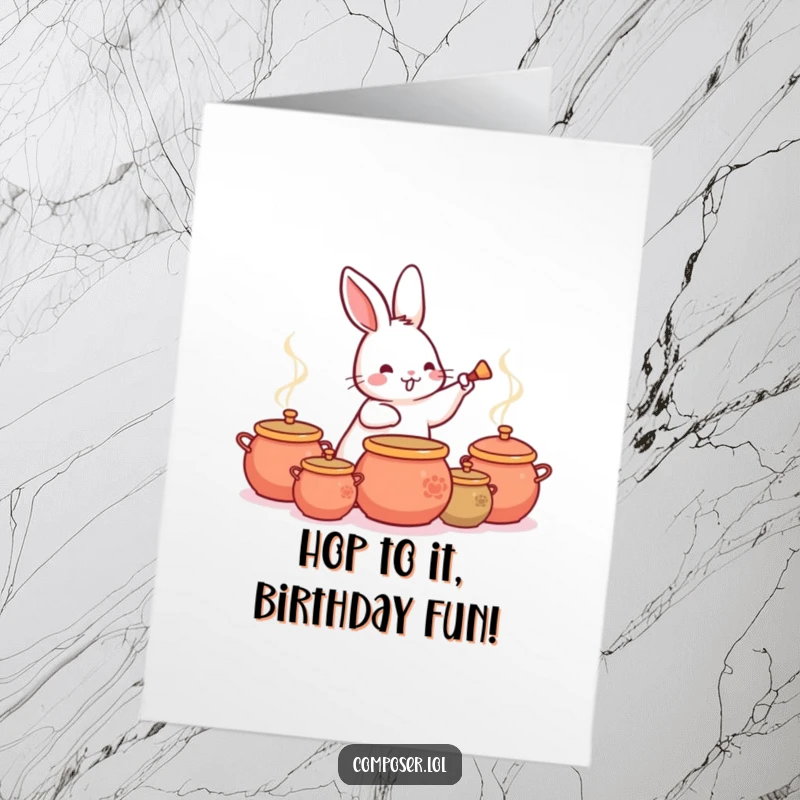 Funny Free Printable Birthday Card: A playful rabbit enthusiastically drumming a rhythm on a stack of colorful pots.