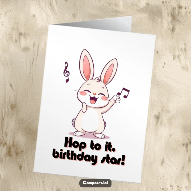 Funny Free Printable Birthday Card featuring a giggling cartoon rabbit tapping musical notes with a joyful flourish.