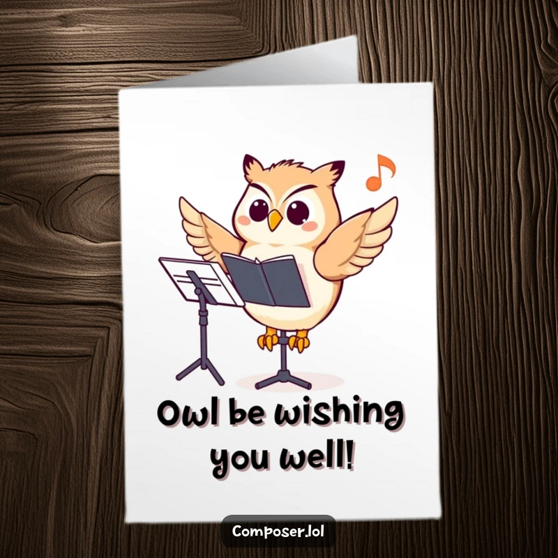 Funny Free Printable cheerful owl composer perched on a music stand, pointing excitedly at a musical note for a birthday.