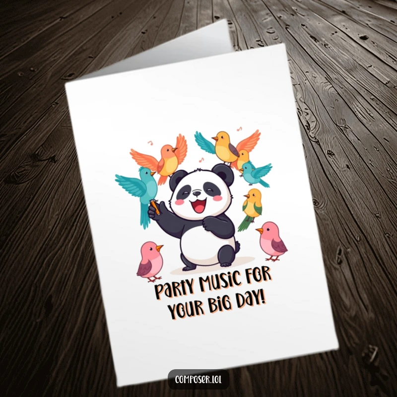Funny Free Printable Birthday Card: A joyful panda enthusiastically conducts a choir of colorful birds for a birthday.