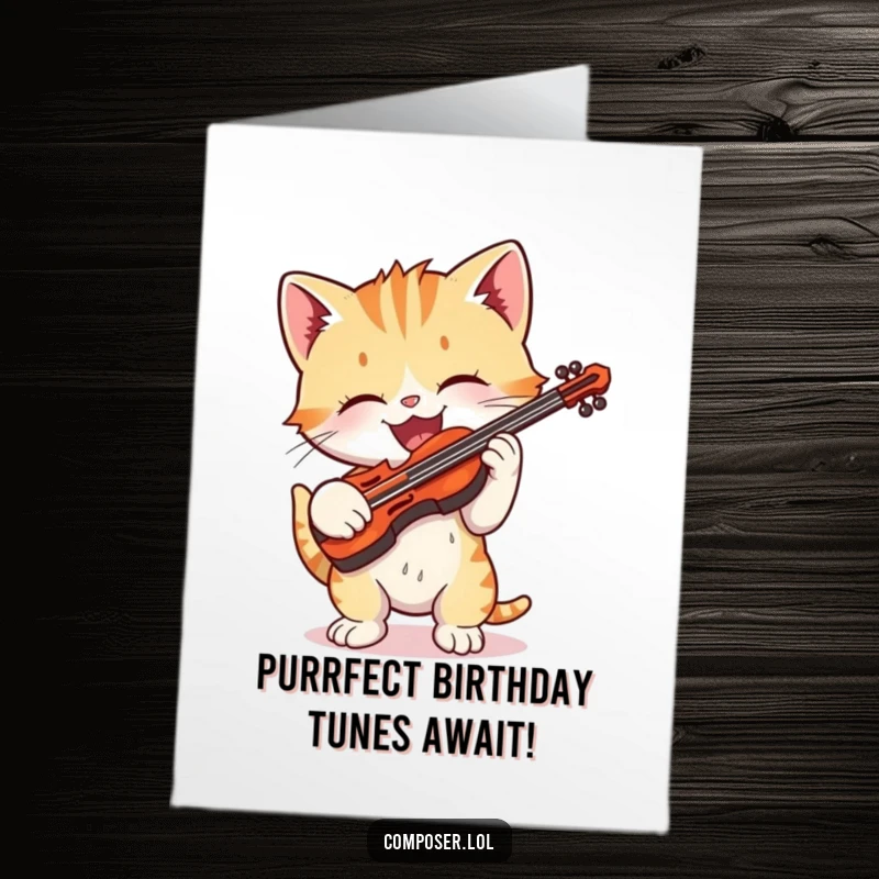 Funny Free Printable Birthday Card: A playful kitten gleefully plays a tiny violin with exaggerated, happy delight.