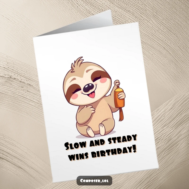 Funny Free Printable Birthday Card: Goofy sloth slowly tapping a single chime with a satisfied, pleased grin.