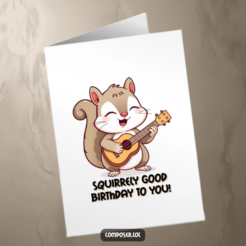 Funny Free Printable Birthday Card: Cheerful squirrel strumming a tiny ukulele with eyes closed in pure musical bliss.