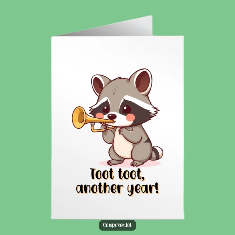 Free Printable Raccoon Trumpet Birthday Card - Funny Downloadable Gift for Music Lovers