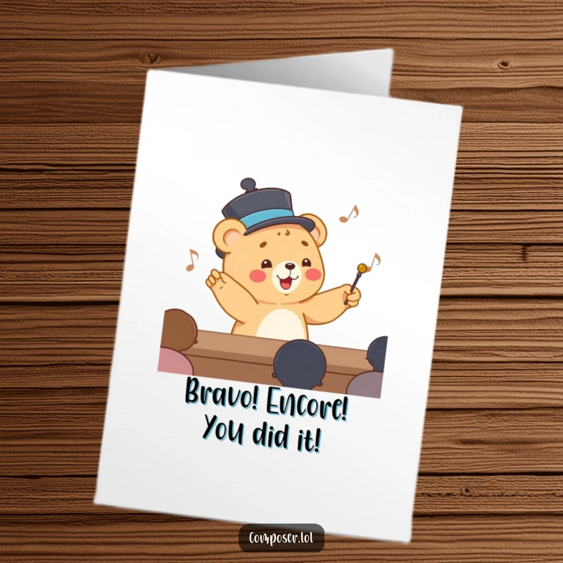 Funny Free Printable Congratulations Card: Happy bear cub in hat conducting orchestra with baton, a grand ovation, awesome downloadable gift.