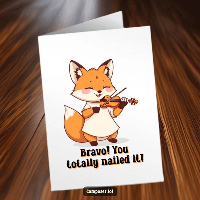 Funny Free Printable Congratulations Card: A fox in a smock playing a violin with pure joy, perfect for celebrating.