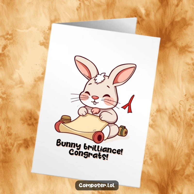 Funny Free Printable Congratulations Card: A concentrated rabbit composing a congratulatory scroll with a determined nose wiggle.