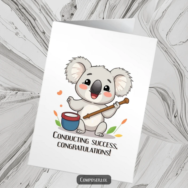 Funny Free Printable Congrats Card: Koala conductor enthusiastically leads an orchestra, celebrating an amazing accomplishment with joy.