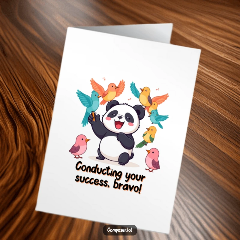 Free Printable Congratulations Card: A happy panda joyfully conducts an orchestra of colorful birds, celebrating a big win.