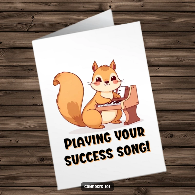 Free Printable Congratulations Card: A happy squirrel plays a tiny piano with nimble paws, celebrating a perfect achievement.