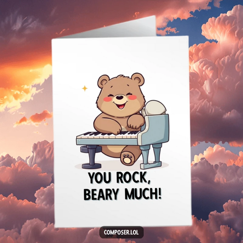 Funny Free Printable bear pianist celebrating a major success, paws flying across a grand piano with a huge smile.