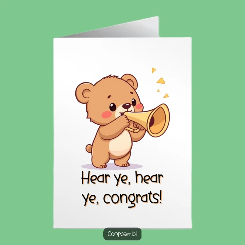 Free Printable Bear Cub Congrats Card: Trumpet Fanfare Downloadable Gift