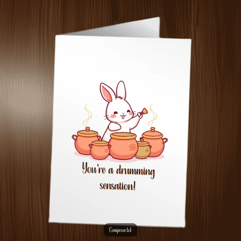 Funny Free Printable Congratulations Card: A lively rabbit drummer tapping out a celebratory rhythm on pots for a big win.