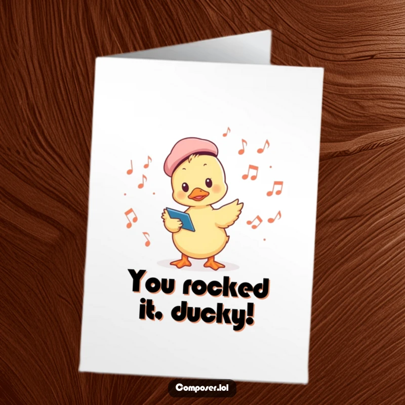 Funny Free Printable Congratulations Card: A duckling wearing a beret conducts musical notes, celebrating a harmonious achievement.