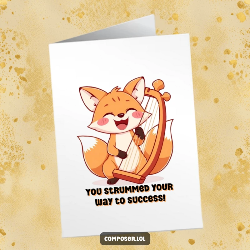 Funny Free Printable Congrats Card: A beaming fox striking a grand chord on an enormous harp, celebrating a magnificent accomplishment.