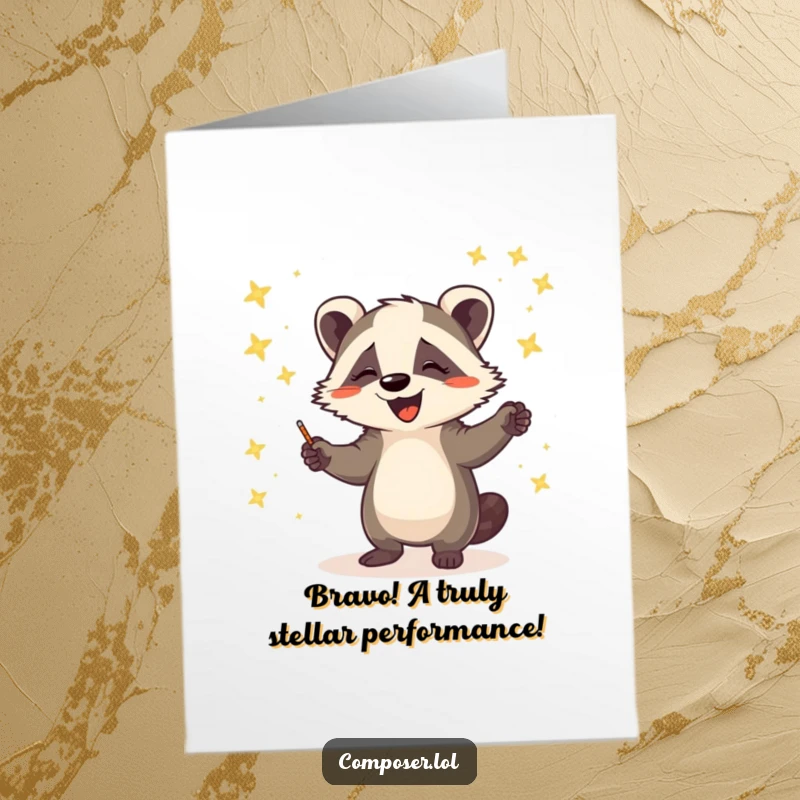 Funny Free Printable Congratulations Card: Badger conductor enthusiastically leading a glowing firefly orchestra with a flourish.