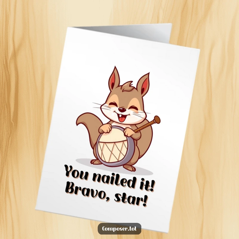 Funny Free Printable Congrats Card: Joyful squirrel drummer enthusiastically beating a tiny drum, celebrating an achievement with gusto.
