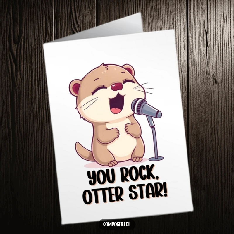 Funny Free Printable Congratulations Card: Sweet otter singing their heart out into a microphone, celebrating a win.
