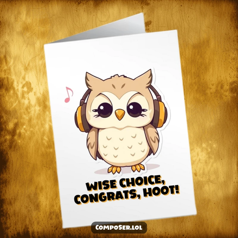 Funny Free Printable Congratulations Card: An owl wearing headphones nods to music, celebrating success.