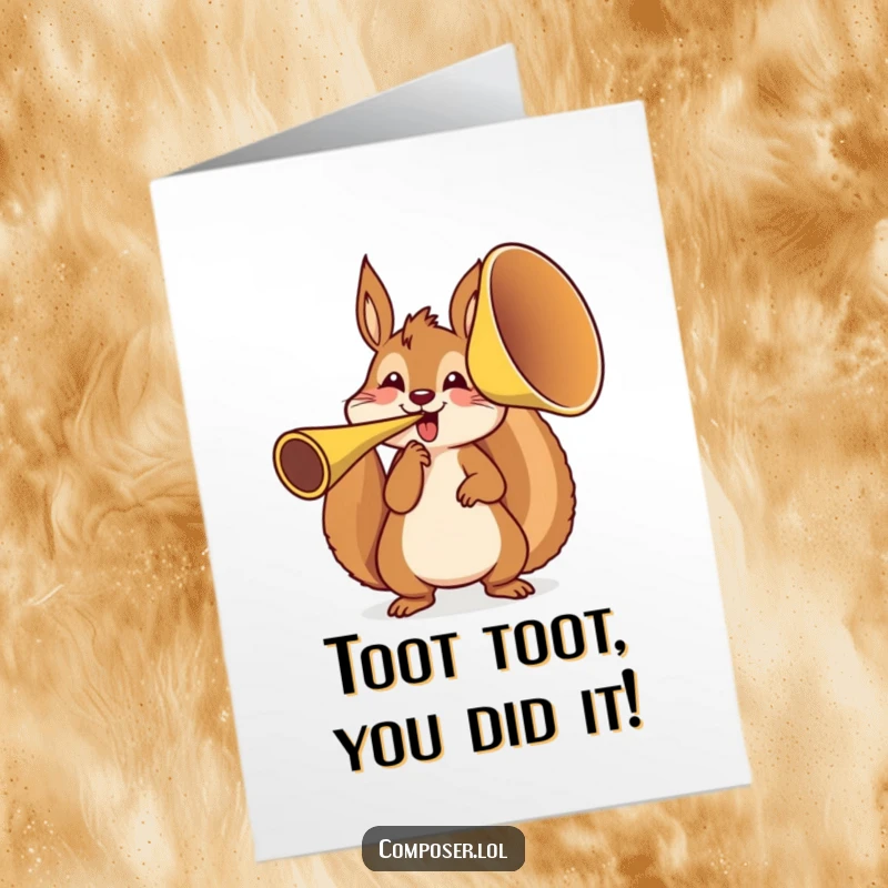 Funny Free Printable Congratulations Card: Squirrel tooting a massive französ horn to announce exciting news.