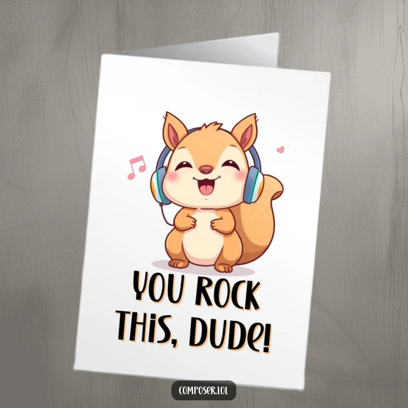 Funny Free Printable Congratulations Card: Energetic squirrel DJ, headphones on, celebrating a big achievement with a dance.