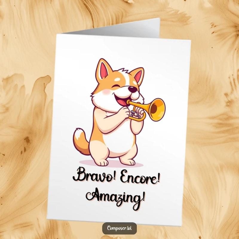 Funny Free Printable Congratulations Card: Majestic dog playing a trumpet with pride, celebrating a big success with a flourish.