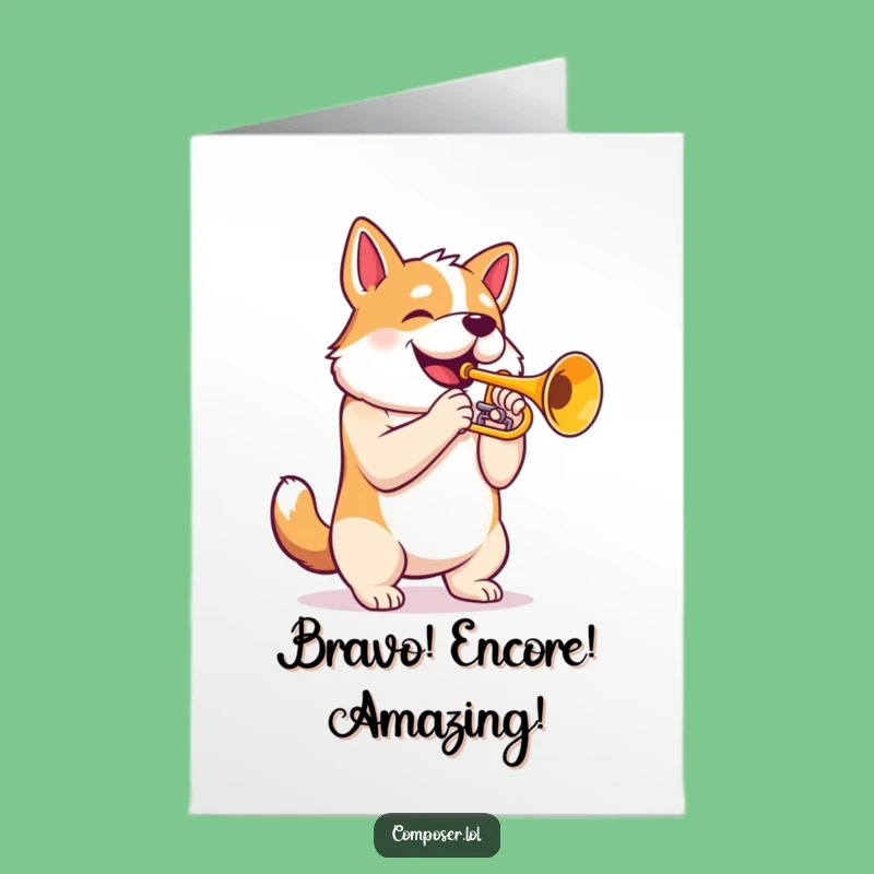 Free Printable Congratulations Card: Trumpeting Dog Celebrates Your Win - Downloadable!