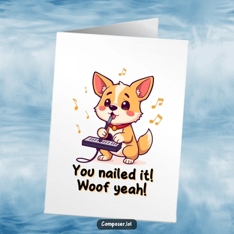 Funny free printable congratulations card of an enthusiastic dog composer barking musical beats with a happy, wagging tail and shining eyes.