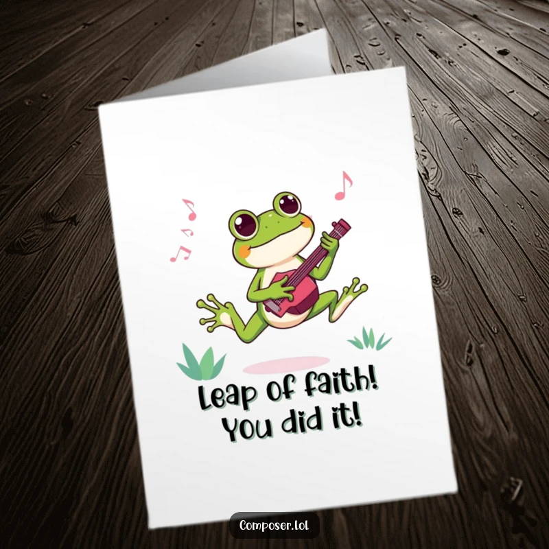Funny free printable congratulations card of a joyful frog composer mid-leap, energetically composing a new, catchy musical number.