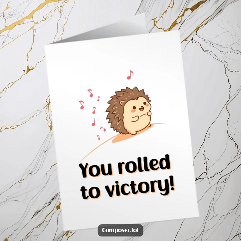 Funny Free Printable Congratulations Card: A happy hedgehog joyfully rolling downhill, leaving a trail of smiling musical notes.