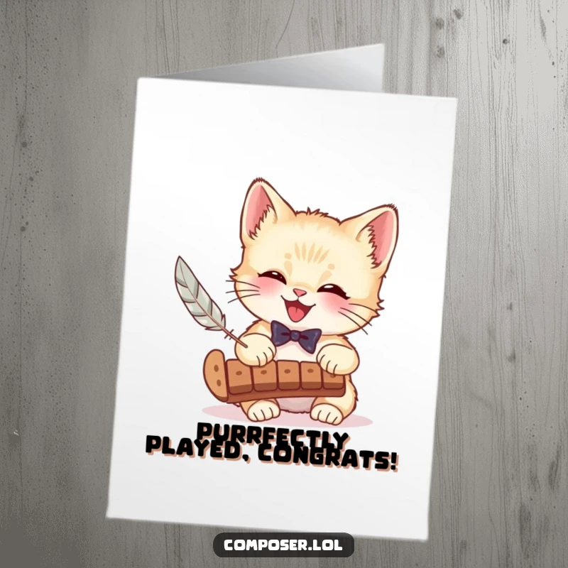 Funny Free Printable Congratulations Card: A giggling kitten wearing a bow tie plays a xylophone with a feather, celebrating success.