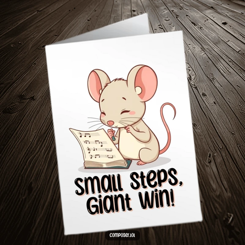 Funny free printable congratulations card showing a curious mouse composer intently examining a musical score with great concentration and thought.