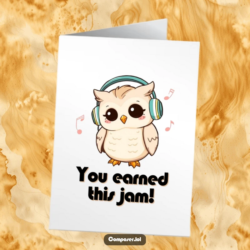 Funny Free Printable Congratulations Card: A stylish owl in headphones grooves to music, celebrating your big win.