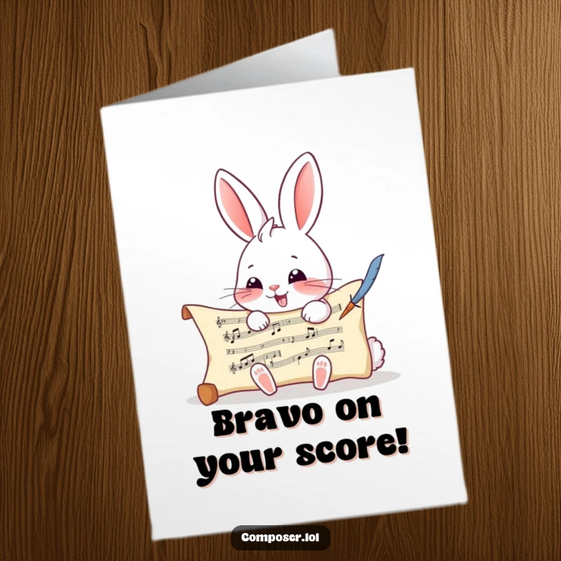 Funny Free Printable Congratulations Card: A giggling rabbit composing music with bright eyes and a quill on a scroll.