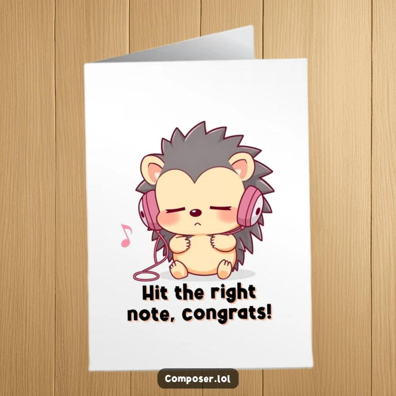 Funny Free Printable Congrats Card: Hedgehog with earbuds, eyes closed, lost in the music, celebrating big achievements.