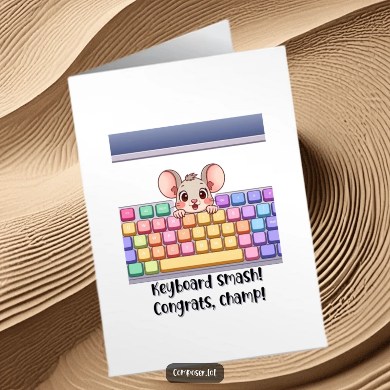 Funny Free Printable Congrats Card: Surprised cartoon mouse emerging from a large keyboard, a delightful downloadable surprise.