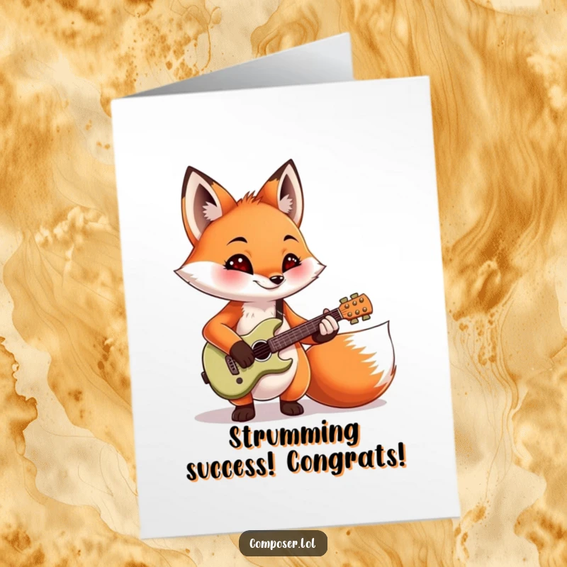 Funny Free Printable Congratulations Card: A cool fox guitarist celebrating a big win with rockstar vibes.