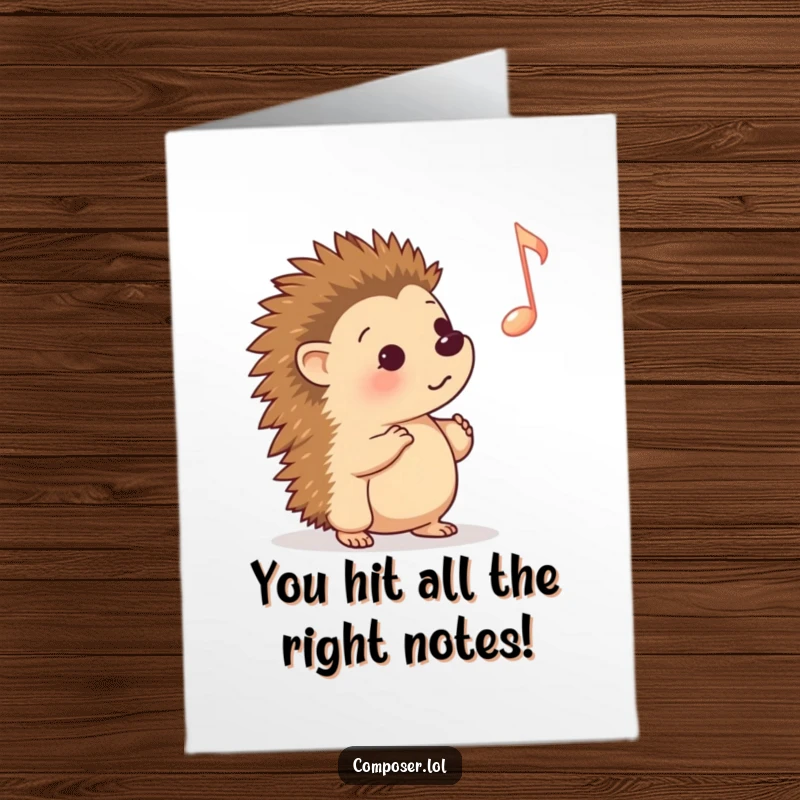 Funny Free Printable Congrats Card: Curious cartoon hedgehog captivated by a floating musical note, ideal for downloadable joy.
