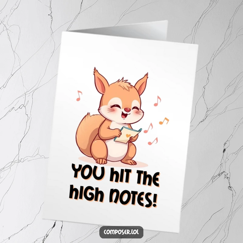 Funny Free Printable Congratulations Card: A giggling squirrel composer writing musical notes, celebrating a sweet achievement with joy.