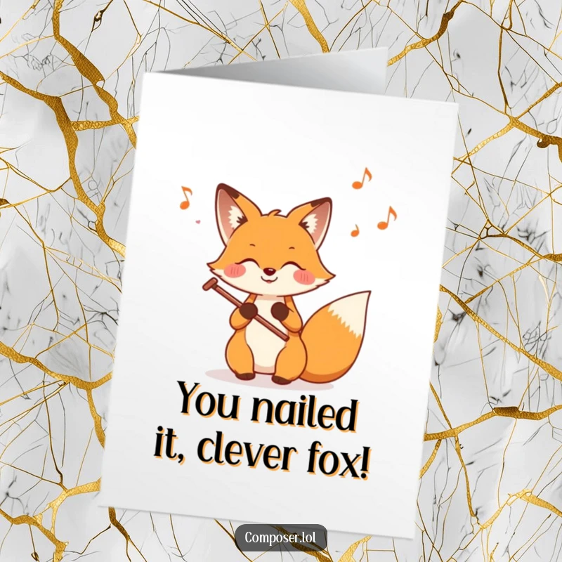 Funny Free Printable Congratulations Card: A joyful fox composing a musical masterpiece, celebrating achievements with flying notes.